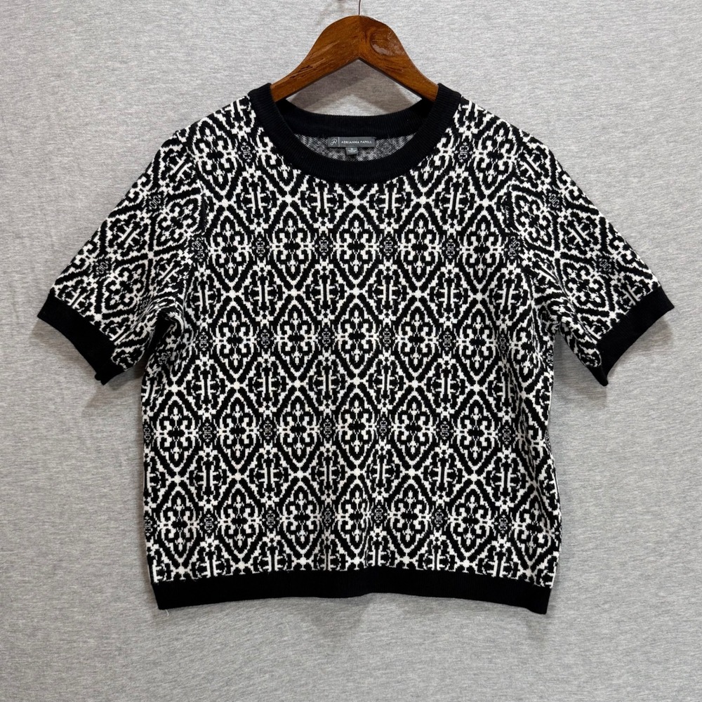 Adrianna Papell Sweater Top Womens M Black White Geometric Damask Knit Office